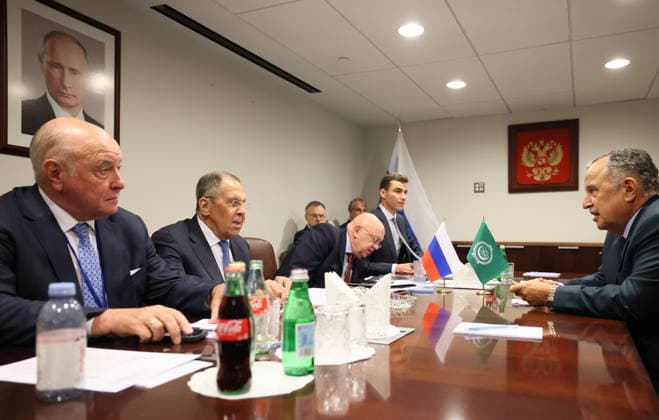 USA, NEW YORK CITY - SEPTEMBER 23, 2026: Sergei Lavrov (2nd L), Russia s Foreign Minister, and Nabil Fahmy (R), Secretary General of the Arab League, hold a meeting on the sidelines of the 2026 High-level Week as part of the 81st session of the UN General Assembly. Alexander Shcherbak TASS  98214290