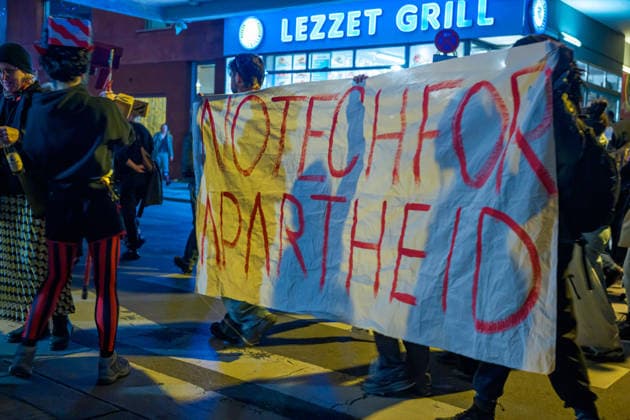 September 23, 2026, Berlin, Berlin, Germany: A small crowd of protestors gathered at Kottbuser Tor and marched until Goerlitzer Park protesting against the use of AI cameras in the areas..Since beginning of September Berlin city government has installed and is under operation a system of AI cameras monitoring the areas of high criminality with a lot of questions open regarding who is able to have access and process the data being collected. Berlin Germany - ZUMAk201 20260923_zip_k201_005 Copyright: xNikosxKanistrasx