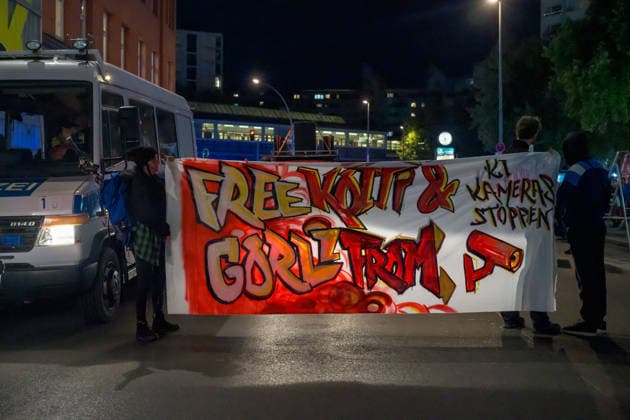 September 23, 2026, Berlin, Berlin, Germany: A small crowd of protestors gathered at Kottbuser Tor and marched until Goerlitzer Park protesting against the use of AI cameras in the areas..Since beginning of September Berlin city government has installed and is under operation a system of AI cameras monitoring the areas of high criminality with a lot of questions open regarding who is able to have access and process the data being collected. Berlin Germany - ZUMAk201 20260923_zip_k201_004 Copyright: xNikosxKanistrasx