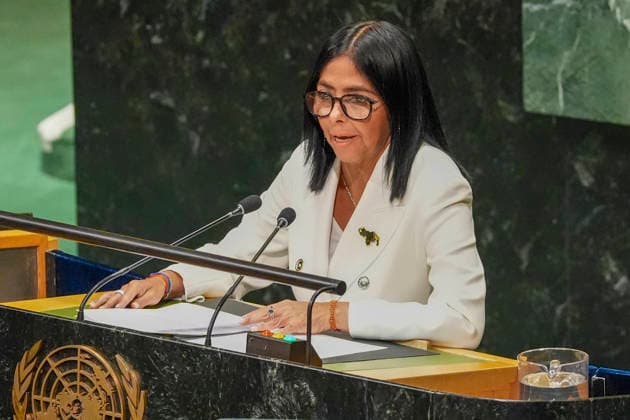 Venezuela s acting president, Delcy Rodríguez, speaks during the 81st United Nations General Assembly in New York, United States, 23 September 2026. During her address to the United Nations General Assembly, Rodríguez said that elections would be held in her country under conditions of equality for all and praised the political dialogue initiated with a sector of the opposition to move forward in that direction. Delcy Rodríguez Says at the UN That There Will Be Elections in Venezuela !ACHTUNG: NUR REDAKTIONELLE NUTZUNG!  Copyright: xÁngelxColmenaresx AME079 20260924-55021486692_1