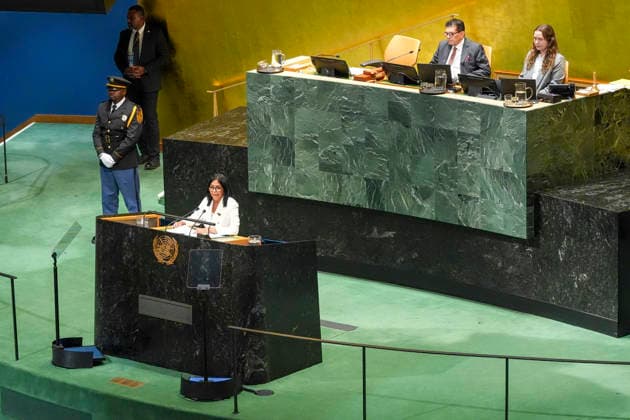 Venezuela s acting president, Delcy Rodríguez, speaks during the 81st United Nations General Assembly in New York, United States, 23 September 2026. During her address to the United Nations General Assembly, Rodríguez said that elections would be held in her country under conditions of equality for all and praised the political dialogue initiated with a sector of the opposition to move forward in that direction. Delcy Rodríguez Says at the UN That There Will Be Elections in Venezuela !ACHTUNG: NUR REDAKTIONELLE NUTZUNG!  Copyright: xÁngelxColmenaresx AME081 20260924-55021486693_1