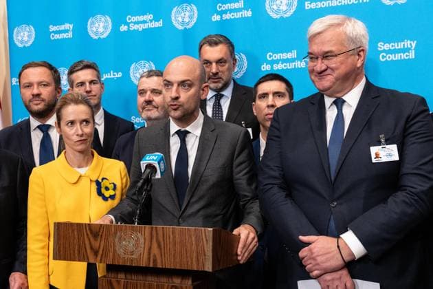 September 23, 2026, Bronx, New York, USA: Kaja Kallas, High Representative for Foreign Affairs and Security Policy, European Commission, Jean-Noel Barrot, Minister for Europe and Foreign Affairs, French Republic and Andrii Sybiha, Minister for Foreign Affairs, Ukraine deliver statement ahead of Security Council meeting on Ukraine at UN Headquarters in New York, NY on September 23, 2026 as Russian aggression is going on for more than 4 years. They were joined by representatives of dozens of countries. Bronx USA - ZUMAr339 20260923_znp_r339_034 Copyright: xLevxRadinx