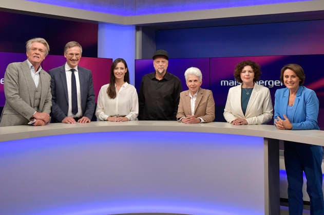 Hajo Schumacher, Daniel Friedrich Sturm, Pinar Atalay, Smudo, Marie-Agnes Strack-Zimmermann, Amira Mohamed Ali und Sandra Maischberger in der ARD-Talkshow maischberger im Studio Berlin Adlershof. Berlin, 23.09.2026