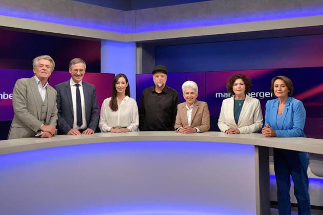 Hajo Schumacher, Daniel Friedrich Sturm, Pinar Atalay, Smudo, Marie-Agnes Strack-Zimmermann, Amira Mohamed Ali und Sandra Maischberger in der ARD-Talkshow maischberger im Studio Berlin Adlershof. Berlin, 23.09.2026