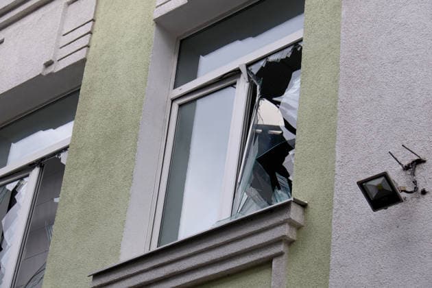 RECORD DATE NOT STATED Aftermath of Russian Drone Attack - Kyiv Windows shattered by the blast wave are seen in a building damaged in a Russian drone attack in the Shevchenkivskyi district of Kyiv, Ukraine, on September 23, 2026 Photo by Pavlo Bahmut Ukrinform ABACAPRESS.COM Kyiv Ukraine  Copyright: xBahmutxPavlo Ukrinform Abacax