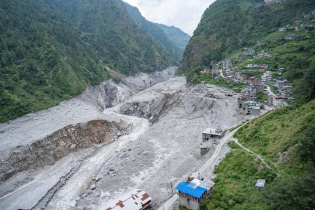 September 24, 2026, Rasuwa, Bagmati, Nepal: The flood has left much of Syabrubesi in ruins, with residents still searching for missing loved ones and struggling to come to terms with the devastation...Syabrubesi Bazaar in Rasuwa, one of the areas hardest hit by the August 26 flood in the Bhotekoshi River, has been largely devastated. Rasuwa Nepal  - ZUMAa308 20260924_znp_a308_020 Copyright: xChandraxBahadurxAlex