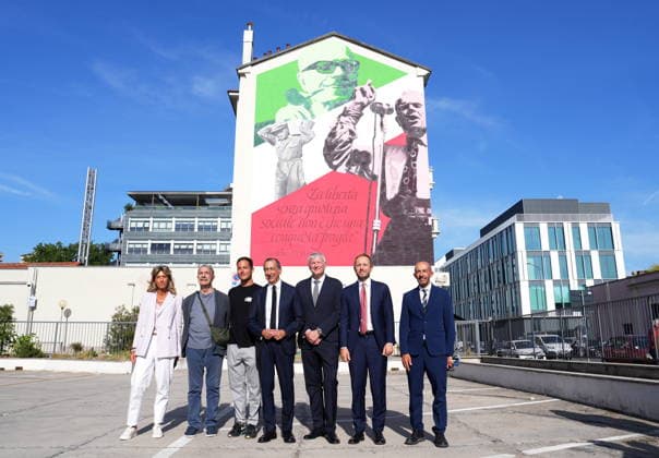 IPA88919479 - Milan, September 24, 2026: Unveiling of the mural dedicated to Sandro Pertini on Via Oglio, with Silvia Bianciardi, Umberto Voltolina, Luca Rancy, Giuseppe Sala, Stefano Bianco, Emmanuel Conte, and Marco Mazzei  Copyright: xDuilioxPiaggesix xDuilioxPiaggesix IPA88919479
