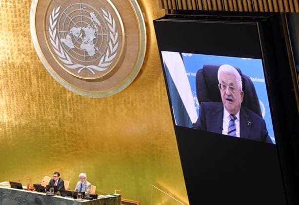 US UN General Assembly 9250329 24.09.2026 Palestinian President Mahmoud Abbas appears on a screen to address the 81st United Nations General Assembly (UNGA) at the U.N. headquarters in New York City, the United States. Sergey Guneev Sputnik New York USA  Copyright: xSergeyxGuneevx