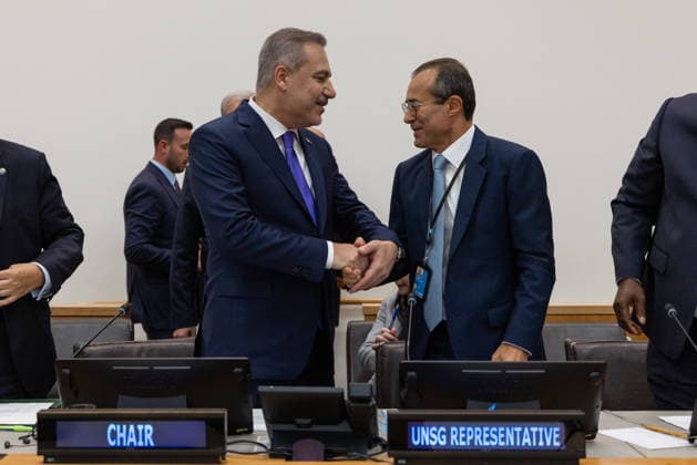 Turkish Foreign Minister Hakan Fidan in New York NEW YORK, UNITED STATES - SEPTEMBER 24: Turkish Foreign Minister Hakan Fidan (L) chairs the Organization of Islamic Cooperation (OIC) Annual Coordination Meeting in his capacity as the Chair of the 51st Session of the OIC Council of Foreign Ministers on the sidelines of the high-level week of the 81st United Nations General Assembly in New York, United States, on September 24, 2026. Mustafa Hatipoglu Anadolu New York United States. Editorial use only. Please get in touch for any other usage.  Copyright: x2026xAnadoluxMustafaxHatipoglux