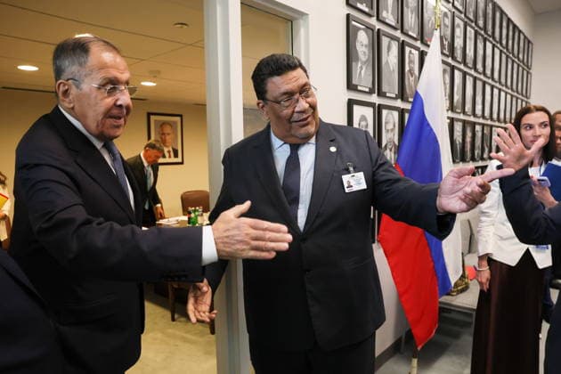USA, NEW YORK CITY - SEPTEMBER 24, 2026: Russia’s Minister of Foreign Affairs Sergei Lavrov (L) and Nicaragua s Minister of Foreign Affairs Valdrack Jaentschke are seen before a meeting at the UN Headquarters on the sidelines of the 81st session of the UN General Assembly. Alexander Shcherbak TASS  98258814