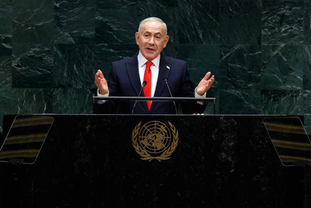 Prime Minister of Israel Benjamin Netanyahu.speaks at the UN General Assembly 81st session General Debate in the UN General Assembly Hall at the United Nations Headquarters on Thursday, September 24, 2026 in New York City.  NYP20260924401a PETERxFOLEY