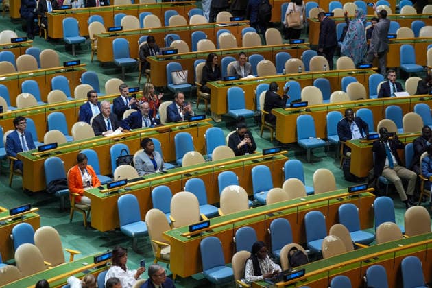Delegates leave UN General Assembly as Netanyahu arrives to speak NEW YORK, UNITED STATES - SEPTEMBER 24: Some delegates listen as Israeli Prime Minister Benjamin Netanyahu speaks, while some seats remain empty, during the 81st session of the United Nations General Assembly at UN headquarters in New York, United States, on September 24, 2026. Mehmet Eser Anadolu New York United States. Editorial use only. Please get in touch for any other usage.  Copyright: x2026xAnadoluxMehmetxEserx