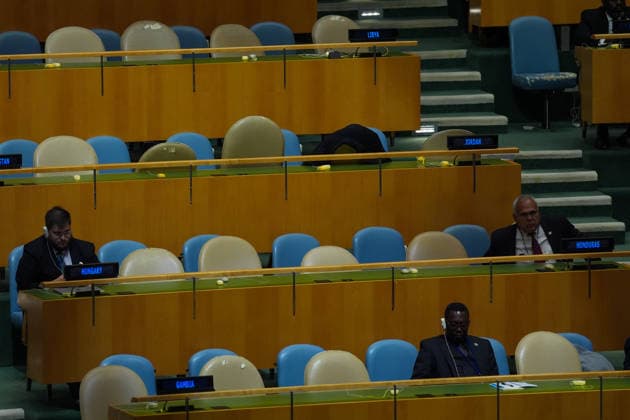 Delegates leave UN General Assembly as Netanyahu arrives to speak NEW YORK, UNITED STATES - SEPTEMBER 24: Some delegates listen as Israeli Prime Minister Benjamin Netanyahu speaks, while some seats remain empty, during the 81st session of the United Nations General Assembly at UN headquarters in New York, United States, on September 24, 2026. Mehmet Eser Anadolu New York United States. Editorial use only. Please get in touch for any other usage.  Copyright: x2026xAnadoluxMehmetxEserx