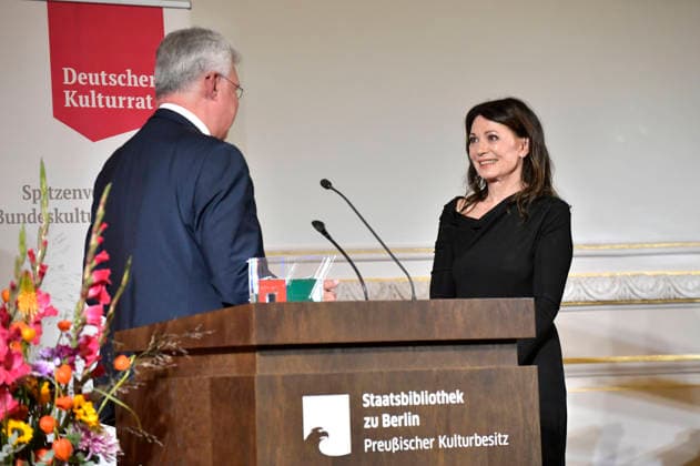 Christian Höppner und Iris Berben bei der Verleihung des Deutschen Kulturpolitikpreises 2026 an Iris Berben in der Staatsbibliothek zu Berlin. Berlin, 24.09.2026