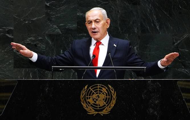 (260924) -- UNITED NATIONS, Sept. 24, 2026 -- Israeli Prime Minister Benjamin Netanyahu speaks during the General Debate of the 81st session of the United Nations General Assembly (UNGA) at the UN headquarters in New York, Sept. 24, 2026. ) UN-GENERAL ASSEMBLY-GENERAL DEBATE WuxXiaoling 