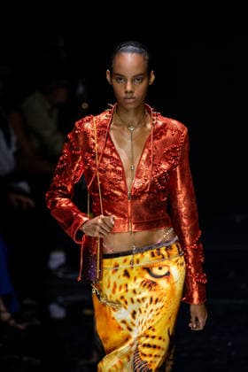 Roberto Cavalli fashion show during the Milan Fashion Week - Womenswear Spring Summer 2027 in Milan, Italy, on 24 September 2026. A model walks the runway at Roberto Cavalli fashion show during the Milan Fashion Week - Womenswear Spring Summer 2027 in Milan, Italy, on 24 September 2026., Credit:Stefano Costantino TTL Stefano Costantino Avalon Italy, Milan  Copyright: xStefanoxCostantinoxTTLx xStefanoxCostantinox xAvalonx 1137944603