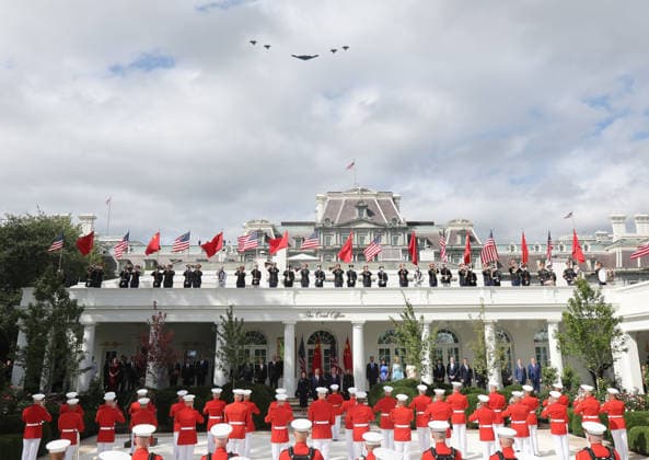 (260924) -- WASHINGTON, Sept. 24, 2026 -- A military flyover is pictured during a welcome ceremony at the White House in Washington, D.C., the United States, Sept. 24, 2026. Chinese President Xi Jinping on Thursday morning attended a welcome ceremony held by U.S. President Donald Trump at the White House. (Photo by Xinhua) U.S.-CHINA-XI JINPING-STATE VISIT-TRUMP-WELCOME CEREMONY ShengxJiapeng 