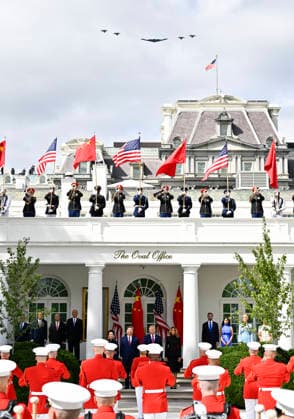 (260924) -- WASHINGTON, Sept. 24, 2026 -- A military flyover is pictured during a welcome ceremony at the White House in Washington, D.C., the United States, Sept. 24, 2026. Chinese President Xi Jinping on Thursday morning attended a welcome ceremony held by U.S. President Donald Trump at the White House. ) U.S.-CHINA-XI JINPING-STATE VISIT-TRUMP-WELCOME CEREMONY YinxBogu 