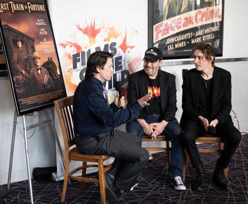 September 24, 2026, Dallas, Texas, U.S.A: From L-R PR JOHN WILDMAN of Wildworks PR in Dallas interviewing Director ADAM RIFKIN and JASON PAXTON (Son of the Late BILL PAXTON) in his starring roll as an Illiterate outlaw named JEDIDIAH DOOLEY Dallas U.S.A  - ZUMAm147 20260924_zap_m147_004 Copyright: xHossxMcBainx