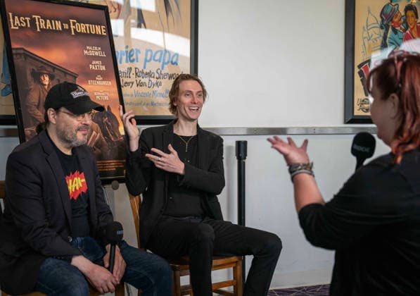 September 24, 2026, Dallas, Texas, U.S.A: From L-R Director ADAM RIFKIN and JASON PAXTON (Son of the Late BILL PAXTON) in his starring roll as an Illiterate outlaw named JEDIDIAH DOOLEY being interviewed on the Red Carpet Dallas U.S.A  - ZUMAm147 20260924_zap_m147_005 Copyright: xHossxMcBainx