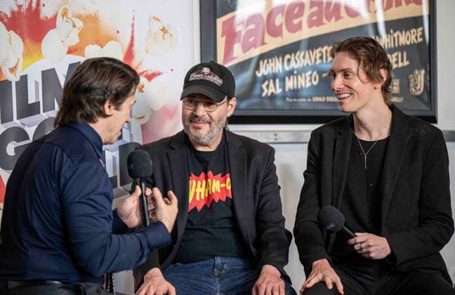 September 24, 2026, Dallas, Texas, U.S.A: From L-R PR JOHN WILDMAN of Wildworks PR in Dallas interviewing Director ADAM RIFKIN and JASON PAXTON (Son of the Late BILL PAXTON) in his starring roll as an Illiterate outlaw named JEDIDIAH DOOLEY Dallas U.S.A  - ZUMAm147 20260924_zap_m147_011 Copyright: xHossxMcBainx