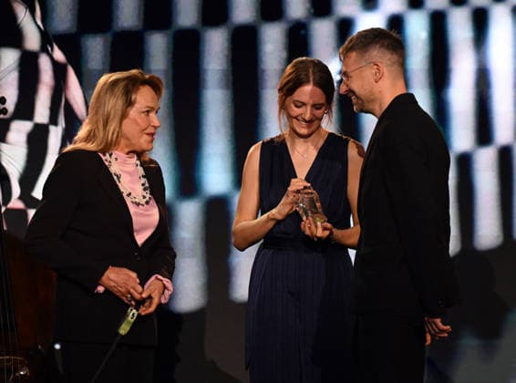 Awards Ceremony for the 63rd Annual Golden Prague International Television Festival was held in Prague, Czech Republic, on September 24, 2026. Dagmar Havlova, left, presented the VIZE 97 Award from the Dagmar and Vaclav Havel Foundation to director Lukas Trpisovsky, right, for the documentary Platee . (CTKxPhoto KaterinaxSulova) CTKPhotoP2026092410689  CTKPhotoP2026092410689