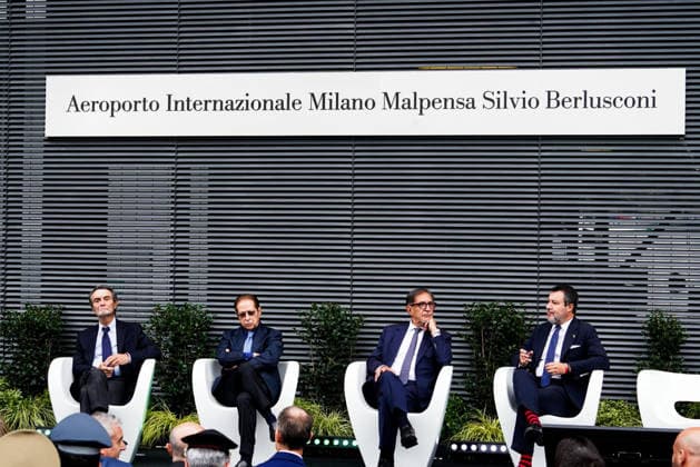 IPA88950454 - September 25, 2026, Varese: Ceremony to Name Milan Malpensa Airport After Silvio Berlusconi. Pictured: Attilio Fontana, Paolo Berlusconi, Ignazio La Russa, Matteo Salvini  Copyright: xEmanuelexDexCarlix xEmanuelexDexCarlix IPA88950454