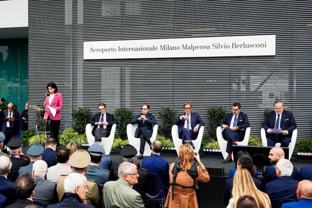IPA88950458 - September 25, 2026, Varese: Ceremony to name Milan Malpensa Airport after Silvio Berlusconi. Pictured: Attilio Fontana, Paolo Berlusconi, Ignazio La Russa, Matteo Salvini, Carlo Mearelli, Michaela Castelli  Copyright: xEmanuelexDexCarlix xEmanuelexDexCarlix IPA88950458