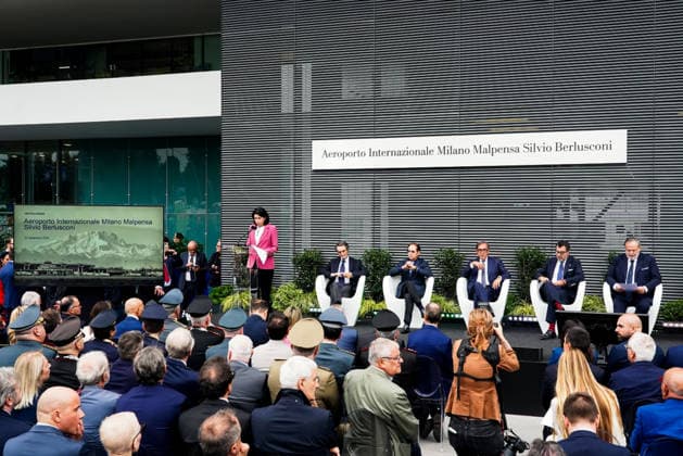 IPA88950461 - September 25, 2026, Varese: Ceremony to name Milan Malpensa Airport after Silvio Berlusconi. Pictured: Attilio Fontana, Paolo Berlusconi, Ignazio La Russa, Matteo Salvini, Carlo Mearelli, Michaela Castelli  Copyright: xEmanuelexDexCarlix xEmanuelexDexCarlix IPA88950461