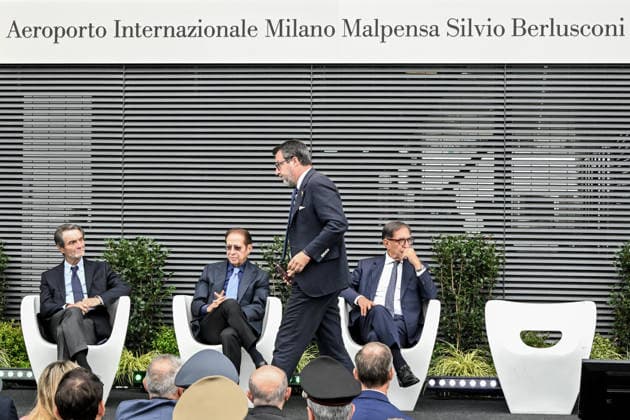 September 25, 2026, Milan Ferno - Somma Lombardo, Va, Italy: Attilio Fontana, Paolo Berlusconi, Ignazio La Russa, and Matteo Salvini at the ceremony naming Malpensa Airport after Berlusconi. Milan Malpensa Silvio Berlusconi International Airport. September 25, 2026, Ferno - Somma Lombardo Milan Ferno - Somma Lombardo Italy  - ZUMAa289 20260925_zia_a289_177 Copyright: xNicolaxMarfisix xAgfx