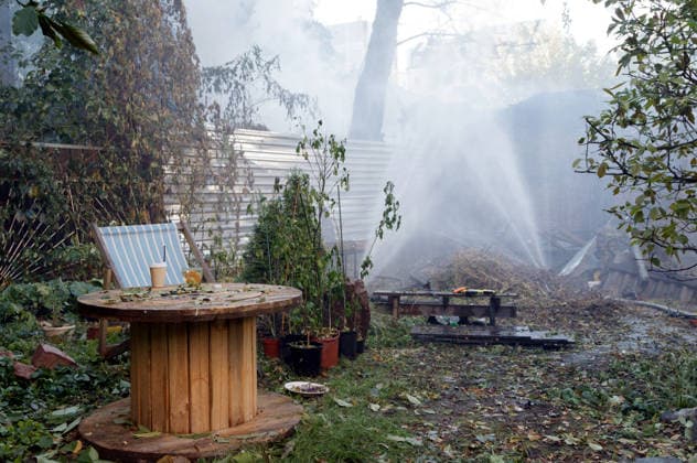 Water is being sprayed at a cafe damaged by a Russian drone strike, Kyiv, Ukraine, September 25, 2026. The attack injured at least six people and damaged the High Council of Justice building. (Photo by Kyrylo Chubotin Ukrinform) Aftermath of Russian attack on Kyiv on September 25, 2026  Copyright: xKirillxChubotinx