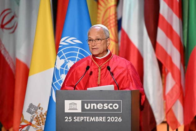 Pope Leo XIV visits Paris during official trip to France PARIS, FRANCE - SEPTEMBER 25: Pope Leo XIV makes a speech during his visit to the headquarters of the United Nations Educational, Scientific, and Cultural Organization (UNESCO) on September 25, 2026 in Paris, France. Pope Leo XIV is making his first official visit to France from September 25-28 with stops in Paris, Lourdes, and Metz. While in Paris, the pontiff s agenda includes a meeting with French President Emmanuel Macron, a prayer service at Notre-Dame Cathedral, and an open-air mass along the Champs-Elysees, among other engagements. The trip marks the first papal visit to the European country since Benedict XVI visited in 2008. Mustafa Yalcin Anadolu Ile-de-France France. Edit Copyright: x2026xAnadoluxMustafaxYalcinx
