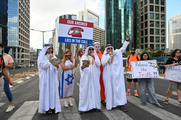 September 25, 2026, Tel-Aviv, Tel-Aviv, Israel: Protesters demonstrate outside the Embassy of the Netherlands, demanding answers regarding a phone call made on the morning of October 7, 2023...At approximately 9.00 a.m. on October 7, before arriving at the Kirya military headquarters in Tel Aviv, Prime Minister Benjamin Netanyahu reportedly chose to make his first call to a foreign leader Ã¢â‚¬ then-Dutch Prime Minister Mark Rutte. Tel-Aviv Israel - ZUMAp227 20260925_zip_p227_003 Copyright: xPaulinaxPatimerx