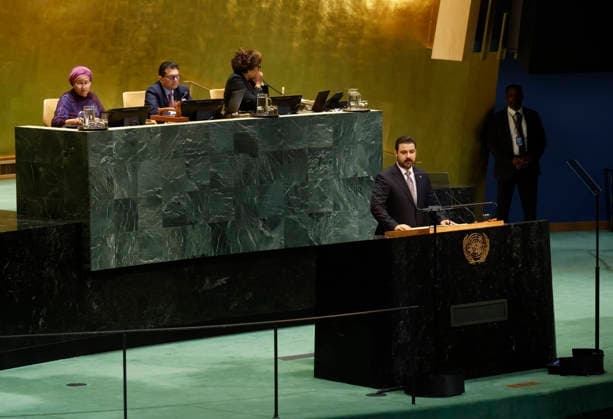 Prime Minister of Iraq Ali Falih Al-Zaidi speaks at the UN General Assembly 81st session General Debate in UN General Assembly Hall at the United Nations Headquarters on Friday, September 25, 2026 in New York City.  NYP20260925105 JOHNxANGELILLO