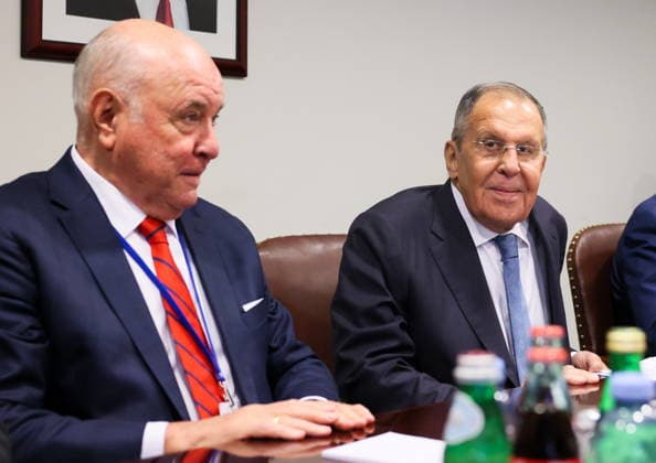 USA, NEW YORK CITY - SEPTEMBER 25, 2026: Russian Federation Council member Grigory Karasin (L) and Russian Foreign Minister Sergei Lavrov attend a meeting with Ugandan PM Jessica Alupo on the sidelines of the 2026 High-level Week as part of the 81st session of the UN General Assembly. Russian Ministry of Foreign Affa  98315524