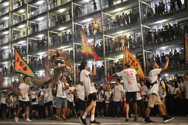 RECORD DATE NOT STATED Hong Kong Pok Fu Lam Village Fire Dragon 2026 Performers performing the fire dragon dance in Wah Fu Estate at Mid-autumn Festival on September 25, 2026 in Hong Kong. (Photo by Kobe Li Nexpher Images) Hong Kong