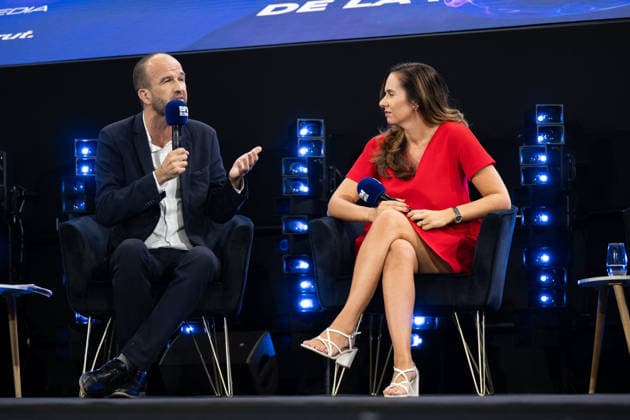 Artificial Intelligence Summit - Marseille Manuel Bompard and Sarah Knafo pictured during a presidential campaign debate around AI, during second day of Artificial Intelligence Marseille (AIM), a summit concerning AI in stade CEPAC Velodrome de Marseille, France on September 25, 2026. Photo by Laurent Coust ABACAPRESS.COM MARSEILLE France  Copyright: xCoustxLaurent ABACAx