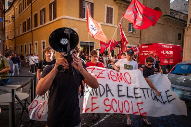 September 25, 2026, Rome, Rm, Italy: Students are taking to the streets to march on Montecitorio - Chamber of Deputies - to protest the new school decree-law issued yesterday by the Meloni government, arguing that the real issues facing schools lie elsewhere. Students call it the Racism Decree because it establishes, among other things, a cap on the number of foreign students per class and bans the wearing of the niqab and burqa during lessons. No to the Racism Decree. Less election campaigning, more funding for schools reads the banner. Rome Italy - ZUMAg256 20260925_znp_g256_001 Copyright: xMarcoxDixGianvitox