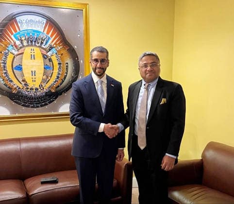 RECORD DATE NOT STATED Amb Sibi George meets UAE Assistant Minister of Foreign Affairs for Energy and Sustainability, Abdulla Ahmed Balalaa New York U.S. , Sep 25 (ANI): MEA Secretary (West) Ambassador Sibi George meets UAE Assistant Minister of Foreign Affairs for Energy and Sustainability, Abdulla Ahmed Balalaa, on the sidelines of the 81st United Nations General Assembly (UNGA81), in New York on Friday. (@MEAIndia X ANI Photo) New York USA Copyright: xANIx ANI_20260925445
