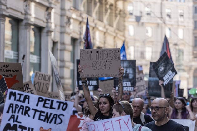 Protesters march against fur during Milan Fashion Week MILAN, ITALY - SEPTEMBER 26: Hundreds of people participate in an anti-fur march carrying protest banners and signs during Milan Fashion Week in Milan, Italy, on September 26, 2026. The initiative is part of a global campaign that has seen more than 240 demonstrations across 14 countries since its launch in January 2026. Andrea Carrubba Anadolu Milan Italy. Editorial use only. Please get in touch for any other usage.  Copyright: x2026xAnadoluxAndreaxCarrubbax