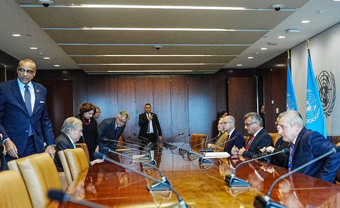 TRNC President Erhurman - UN Secretary-General Guterres meeting in New York NEW YORK, UNITED STATES - SEPTEMBER 26: President of the Turkish Republic of Northern Cyprus (TRNC) Tufan Erhurman (2nd R) meets with UN Secretary-General Antonio Guterres (2nd L) where he is visiting to hold meetings as part of the high-level week of the 81st United Nations General Assembly, in New York, United States, on September 26, 2026. Selcuk Acar Anadolu New York United States. Editorial use only. Please get in touch for any other usage.  Copyright: x2026xAnadoluxSelcukxAcarx