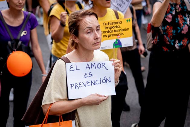 Suicide Prevention Rally in Madrid A person holds a sign reading Love Is Prevention during the National Suicide Prevention Rally on September 27, 2026, in Madrid, Spain. The rally was organized under the slogan Active Listening, Collective Response, coinciding with Suicide Awareness Month. SEPTEMBER 27, 2026, On Foot, Madrid, Madrid, Spain  Copyright: xA.xPÃ rezxMecax 7803977