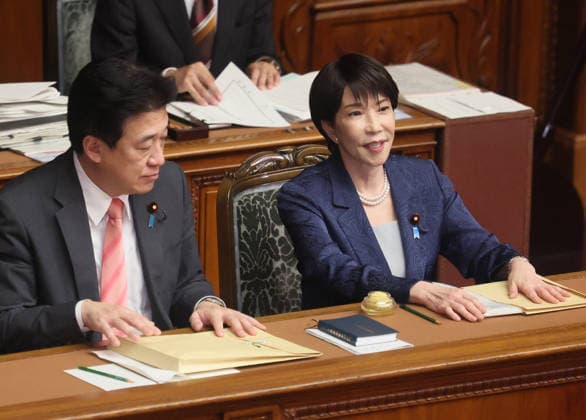 October 5, 2026, Tokyo, Japan - Japanese Prime Minister Sanae Takaichi (R) chats with Chief Cabinet Secretary Minoru Kihara (L) after she delivered her policy speech at Lower House s plenary session at the National Diet in Tokyo on Monday, October 5, 2026. The 69-day extraordinary Diet session will convene through December 12. (photo by Yoshio Tsunoda AFLO)  aflo_353477599