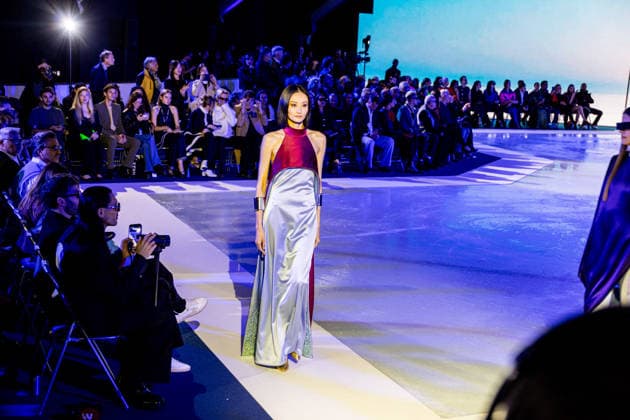 PFW Pierre Cardin Runway NB A model walks the runway during the Pierre Cardin Womenswear Spring Summer 2027 show at Pailleron ice rink as part of Paris Fashion Week on October 06, 2026 in Paris, France. Photo by Nasser Berzane ABACAPRESS.COM Paris France  Copyright: xBerzanexNasser ABACAx