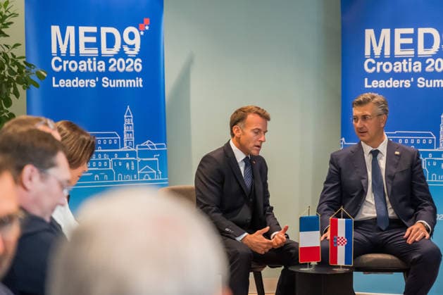 EU MED9 Bilateral meet Plenkovic - Macron Croatian Prime Minister Andrej Plenkovic meets French President Emmanuel Macron during bilateral meetings on the sidelines of the EU MED9 summit in Split, Croatia on October 7, 2027.  ZvonimirxBarisin PIXSELL