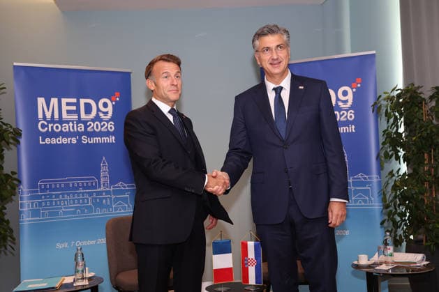 EU MED9 Bilateral meet Plenkovic - Macron Croatian Prime Minister Andrej Plenkovic meets French President Emmanuel Macron during bilateral meetings on the sidelines of the EU MED9 summit in Split, Croatia on October 7, 2027.  IvanaxIvanovic PIXSELL