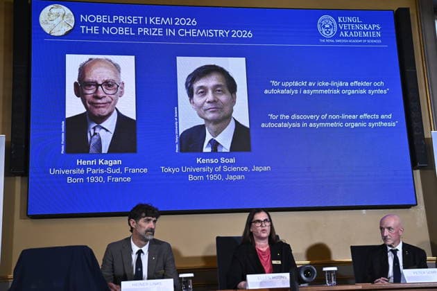 Henri Kagan and Kenso Soai are awarded the 2026 Nobel Prize in Chemistry during a press conference at the Royal Swedish Academy of Sciences in Stockholm, Sweden, on October 7, 2026 STOCKHOLM SWEDEN x10080x  Copyright: xFredrikxSandberg TTx SWEDEN NOBEL PRIZE 2026 CHEMISTRY syTsaEjALG0