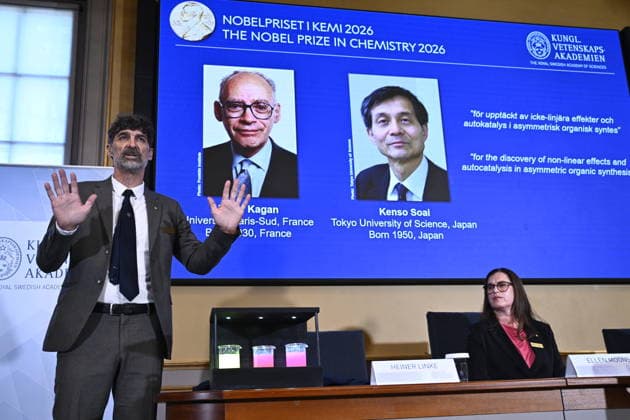 Henri Kagan and Kenso Soai are awarded the 2026 Nobel Prize in Chemistry during a press conference at the Royal Swedish Academy of Sciences in Stockholm, Sweden, on October 7, 2026 STOCKHOLM SWEDEN x10080x  Copyright: xFredrikxSandberg TTx SWEDEN NOBEL PRIZE 2026 CHEMISTRY x-_mySnE3B4