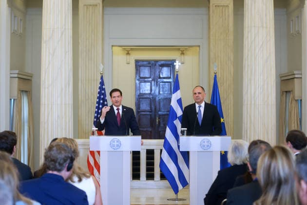 Greek Foreign Minister Giorgos Gerapetritis, US Secretary of State Marco Rubio hold joint press conference in Athens ATHENS, GREECE - OCTOBER 07: Greek Foreign Minister Giorgos Gerapetritis (R) and US Secretary of State Marco Rubio (L) hold a joint press conference at the Foreign Ministry in Athens, Greece, on October 07, 2026. Costas Baltas Anadolu Athens Greece. Editorial use only. Please get in touch for any other usage.  Copyright: x2026xAnadoluxCostasxBaltasx