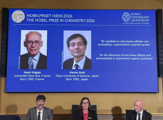 Nobel chemistry prize winners announced The Royal Swedish Academy of Sciences announces the winners of the 2026 Nobel Prize in chemistry during a press conference in Stockholm on Oct. 7, 2026. Kenso Soai (R), a professor emeritus at the Tokyo University of Science in Japan, shared the prize with Henri Kagan, a professor emeritus at the Universite Paris-Sud in France, for the discovery of non-linear effects and autocatalysis in asymmetric organic synthesis, the academy said.  A14AA0005630359P